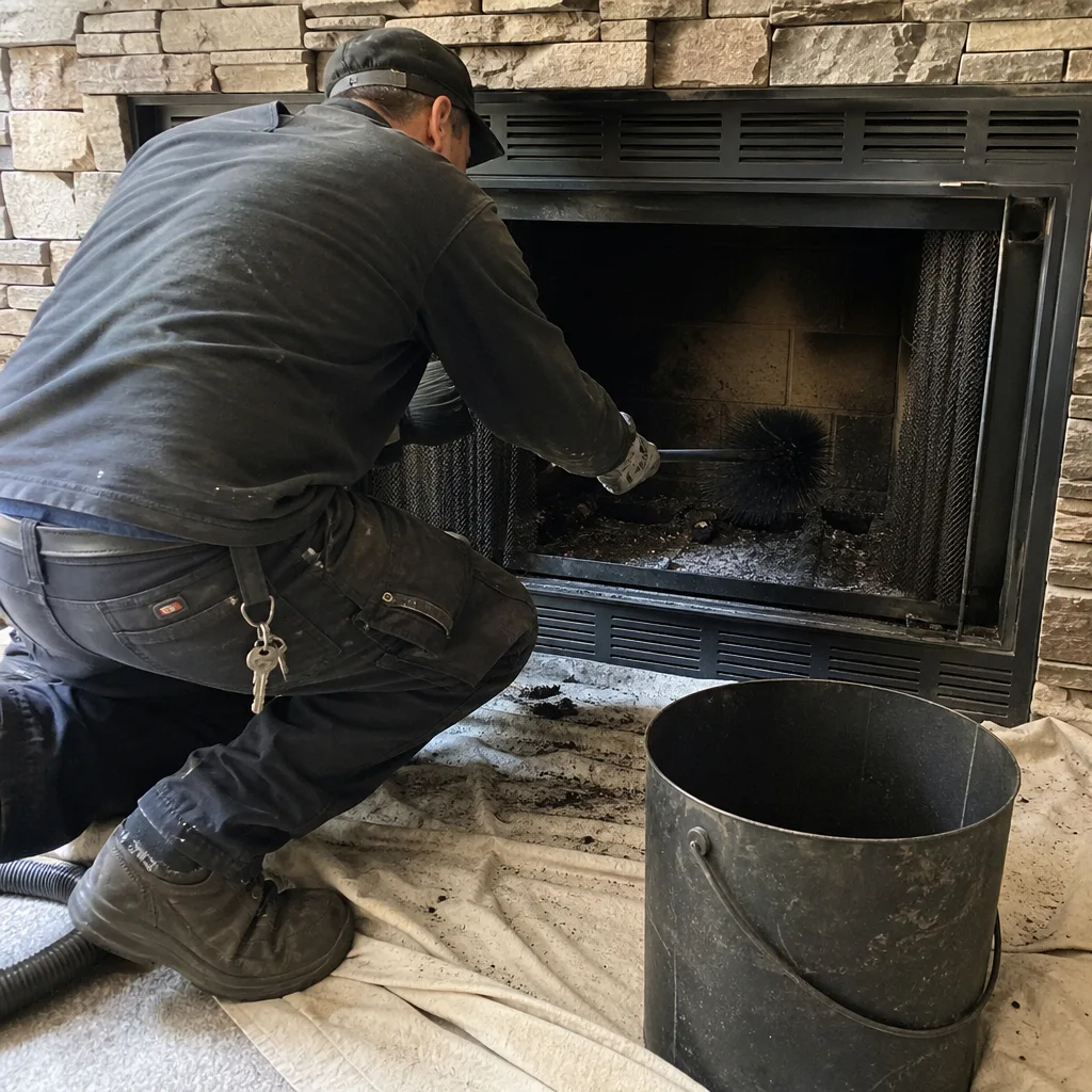 Professional chimney sweep cleaning a fireplace with a brush