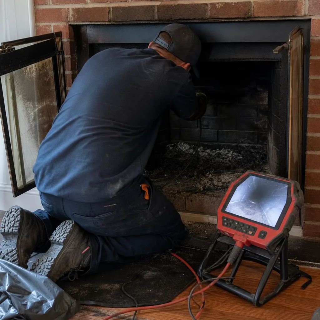 Chimney sweep performing a professional fireplace inspection with camera equipment.