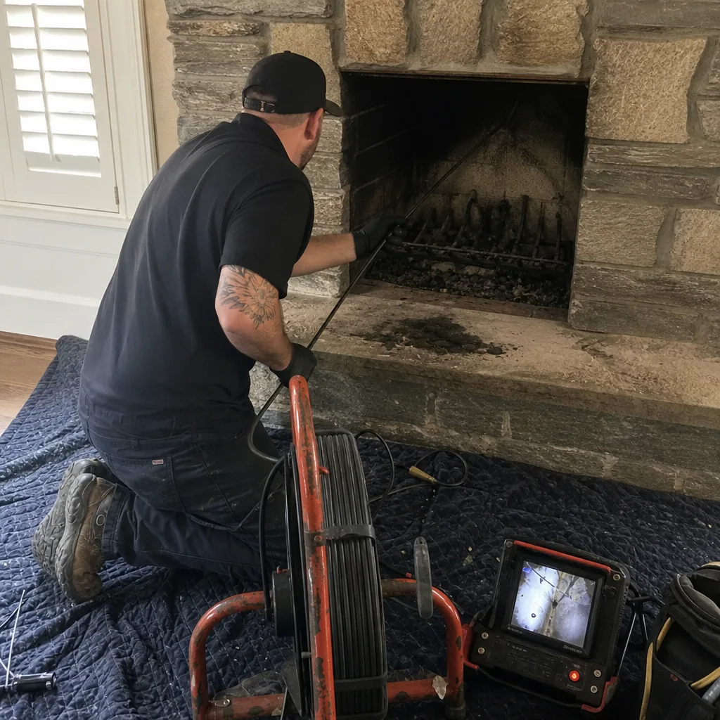 Professional technician performing a chimney inspection with a camera system