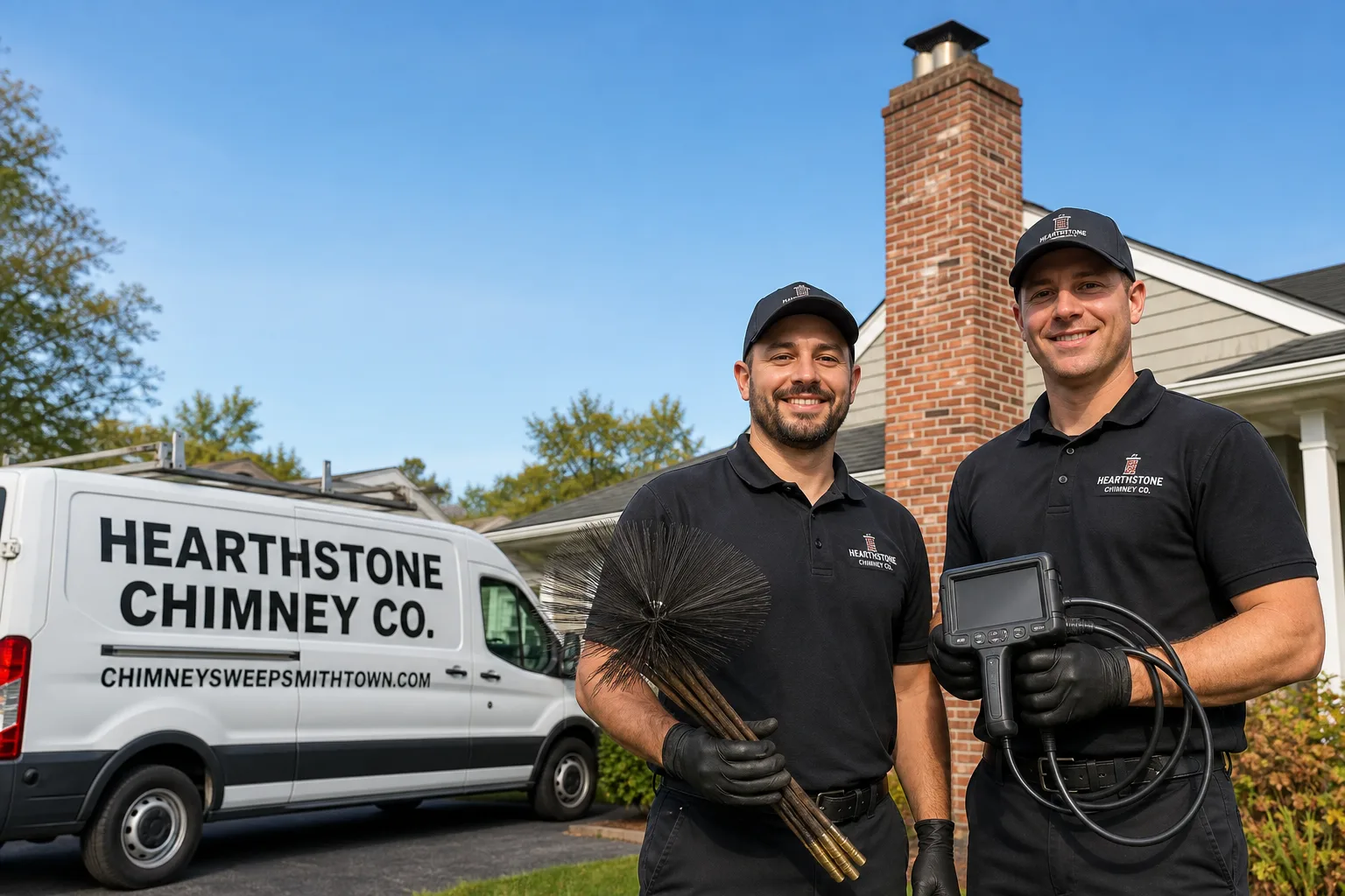 Hearthstone Chimney Co. chimney cleaning service vehicle and crew in Smithtown, NY